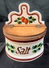 Vintage Bauer Pottery Salt Box/Salt Cellar w/ Wood Lid & Painted Strawberries picture