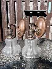 Antique pair BRASS Electric Light Sconces with glass Shades, c1920 picture