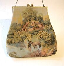 EARLY MADE IN FRANCE WALBORG TAPESTRY HAND BAG PURSE COUNTRY LIFE FISHERMAN COWS picture