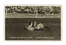 L E McCoy bulldogging a steer Winnipeg Stampede 1913 - a cowboy wr- Old Photo picture