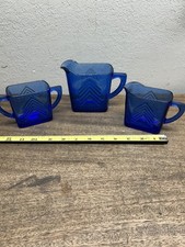 Vintage Hazel Atlas Cobalt Blue Glass Chevron Creamer/Milk Pitcher & Sugar Set picture
