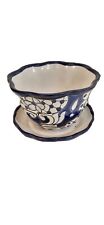 Mexican Blue White Pottery Planter w/ Attached Under Plate   picture