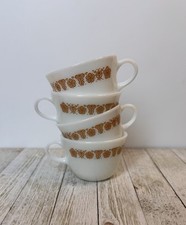 Set of 4 Vintage PYREX Butterfly Gold Milk Glass Tea Coffee Cup Mug 1970's picture