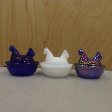 McKee SUMMIT 3 White, Cobalt Blue & Carnival Glass CHICK Hen On Nest SALT DIP picture