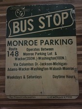 Vintage Chicago Transit CTA 2-Sided Bus Stop Monroe Parking Sign Route 148  IL picture