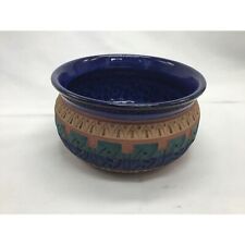 Handmade Art Pottery Southwestern Redware Green Blue Artist Signed 5.5 Inch picture