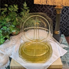 Federal Glass Madrid Divided Plates 5 Pc Set Amber Yellow Depression Glass 1930s picture