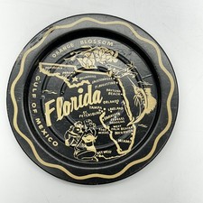Vintage Florida Souvenir Tin Dish Black & Gold State Map Orange Blossom Travel picture