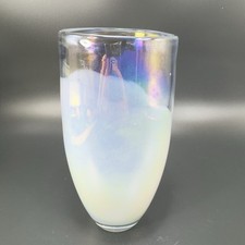Heavy Art Glass Vase Vessel White Iridescent Finish Multicolor Glass Vase Decor picture
