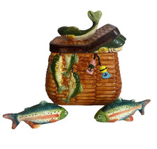 Vintage Mercuries Ceramic Fishing Creel Cookie Jar Salt Pepper Shakers Set Bass  picture