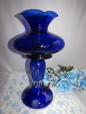 VTG COBALT BLUE CUT TO CLEAR STARBURST DESIGN PEDESTAL LAMP GWTW SHADE 14 1/2
