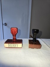 Vintage Wooden Rubber Office Ink Stamps Stampers Lot of 2 Merry Christmas  picture