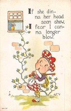 Comic Old Postcard of Scottish Boy in Kilt Blowing Bagpipes to Serenade His Girl picture