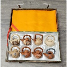 Vintage Yixing Miniature Teapots Set of 8 Chinese Clay Pottery with Case picture
