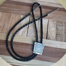 VTG Hopi Sunface Kachina Zia Bolo Tie 38 Inch Black Leather 925 Sterling 33.7g picture