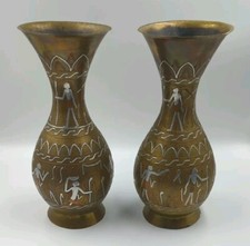 Vintage Cairoware Brass With Copper And Silver Inlaid Vases Set Of 2 picture