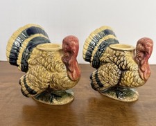 Pair Of Vintage Ceramic Turkey Taper Candle Holder Thanksgiving Napcoware picture