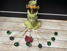 1950s MCM Chartreuse Lady Head & Martini Olive Cocktail Picks Set picture