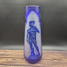 Cobalt Frosted Etched Glass Vase Michelangelo's David 13