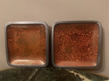 Two Vintage Metal Encased Ceramic Square Dish Hand Decorated In Hong Kong picture