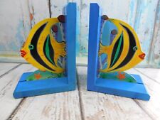 Vintage Hand Painted Tropical Angel Fish Wooden Bookends Colorful picture