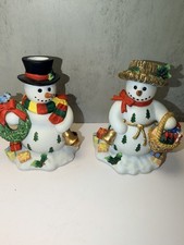 PartyLite #P7649 Snowbell Taper Candle Holder Pair 5” Snowman & SnowLady New NIB picture