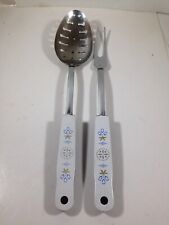 Pair of Vintage EKCO Kitchen Utensils Slotted Spoon Meat Fork Blue Floral picture