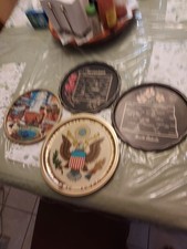 Vtg 4 1960's Metal Souvenir PlatesNorthDakota, Wyoming,Yellowstone, Seal Of USA. picture