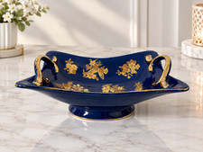 Vintage Cobalt Blue Porcelain Vase Bowl Floral Gold Paint Home Decor Centerpiece picture