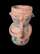 Vintage Aztec Folk Art Figure With Flute Pottery Vessel Signed DH picture