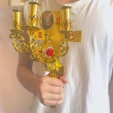 Ornate Hand Blessing Cross Candle Holder Enamel Orthodox Liturgy Religious Decor picture