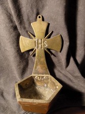 Vintage Metal Christian Holy Water Font Wall Mount IHS Cross Brass picture