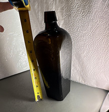 Antique Dark Olive Black Glass Case Gin Bottle 9” Square Body Applied Lip picture