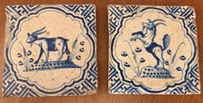 Antique 17thC Dutch Delft Tile Pair 2 Delftware Blue White Wan-Li Goat 1620-1650 picture
