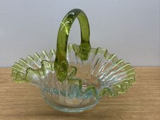 ORIGINAL HAND BLOWN ART GRASS GREEN CLEAR BLUE RUFFLED HANDLED BASKET picture