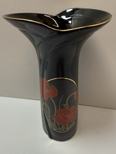 Vintage Black Porcelain Red Poppy Vase 10.75 In  picture