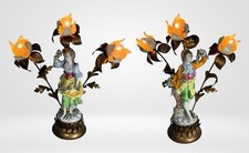 Capodimonte - Pair of Porcelain Figural Floral Tole Lamps 1960's Large picture