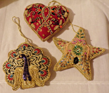 Vintage Pier 1 Beaded Fabric Christmas Ornaments - Set of 3 Peacock, Heart, Star picture