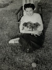 Vtg 1950s B&W photo woman holding puppies animals pet cute sweet picture