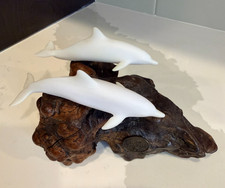 Vintage John Perry Pellucida Dolphin Family Duo Sculpture Burl Wood Base 4