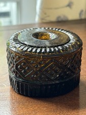 1830s OLIVE AMBER PONTILED 3 MOLD BLOWN NEW ENGLAND DIAMOND GEOMETRIC INKWELL picture