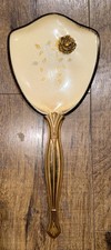 Vintage Gold Tone Hand Held Mirror 3D Rose Floral Vanity Dresser Mirror 13” MCM picture