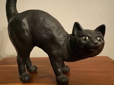 Vintage Cast Iron Black Arched Back Cat Door Stop Halloween Green Eyes Flat-Head picture