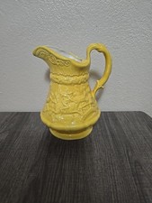Vintage Yellow Glazed Ceramic Pitcher Hunting Scene Raised Relief Decorative Jug picture