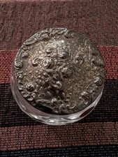 Vintage GORHAM West Germany Cut Crystal Jar Silver Plate Lid W/Rose Repousse picture