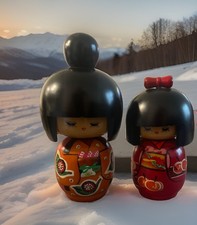 Vintage Japanese Sosaku Kokeshi Doll Pair Signed Keiko 5