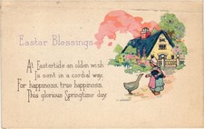 Vintage 1925 Easter Blessings Postcard Cottage  Girl with Goose picture