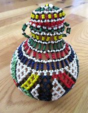 South African Zulu Beaded Lidded Gourd Geometric 4-1/2 W x H 5-1/4