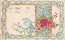Antique Embossed Floral Roses Greetings Postcard Blue Border A8314 picture