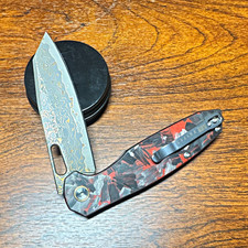 BNB Knives Copper Phoenix Damascus Folding Knife Button Lock Carbon Fiber picture